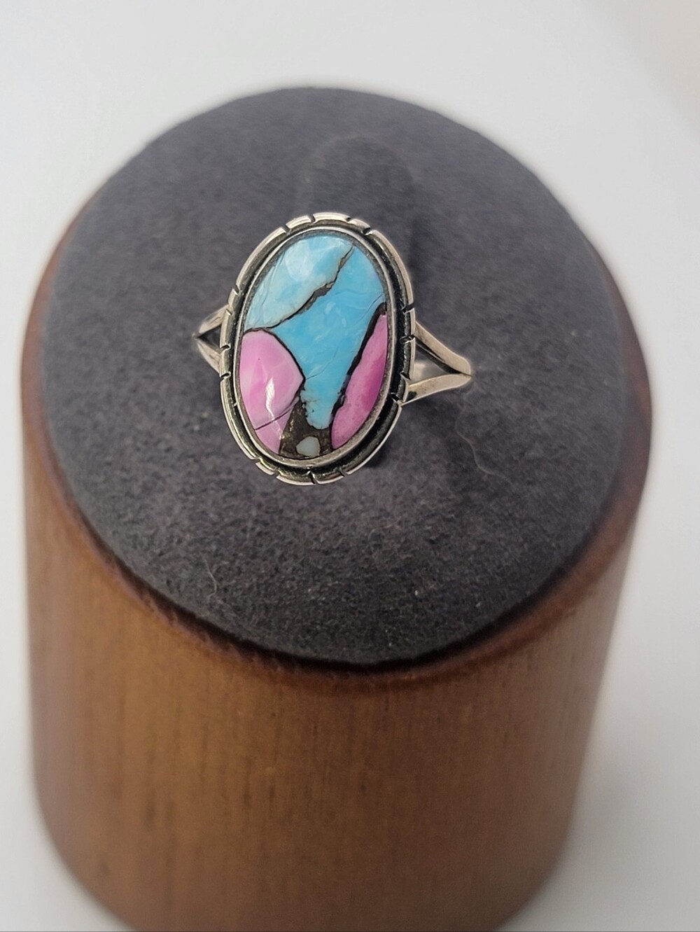 Size 5 925 Sterling Silver Cotton Candy Pink & Turquoise Oval Ring